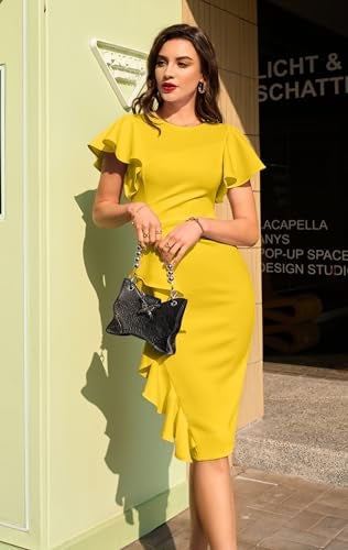 Memoriesea Women's Vintage Church Ruffle Sleeve Ruched Bodycon Work Midi Pencil Dress Yellow - Image 5