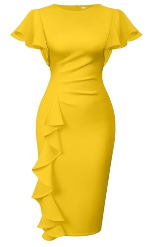 Memoriesea Women's Vintage Church Ruffle Sleeve Ruched Bodycon Work Midi Pencil Dress Yellow - Image 1