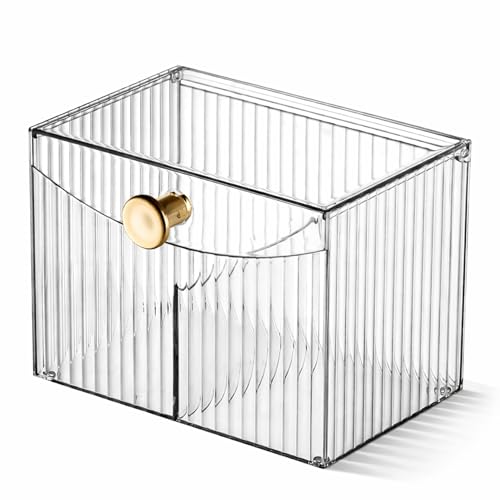 HoopVool® Cosmetic And Makeup Organizer Box, Cotton Swabs Storage with Lid,Makeup Pad Holder, Bathroom Canister Multipurpose Box Divided for Face Brush Pens. (Transparent) - Image 1