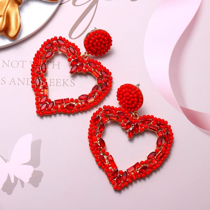 NLCAC Valentine's Day Heart Earrings Beaded Multi Stone Cluster Open Heart Drop Dangle Evening Earrings Red - Image 4