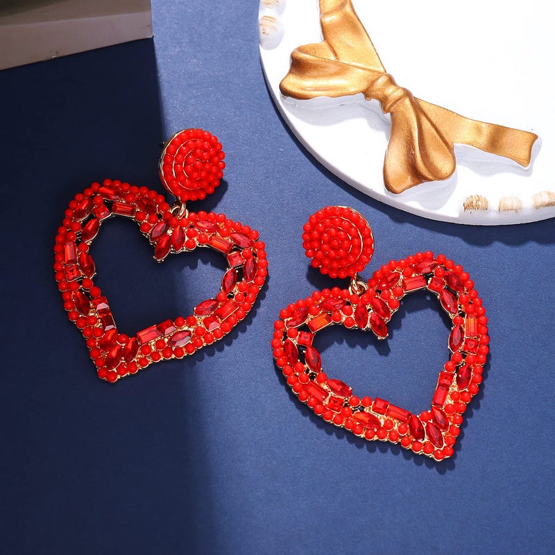 NLCAC Valentine's Day Heart Earrings Beaded Multi Stone Cluster Open Heart Drop Dangle Evening Earrings Red - Image 5