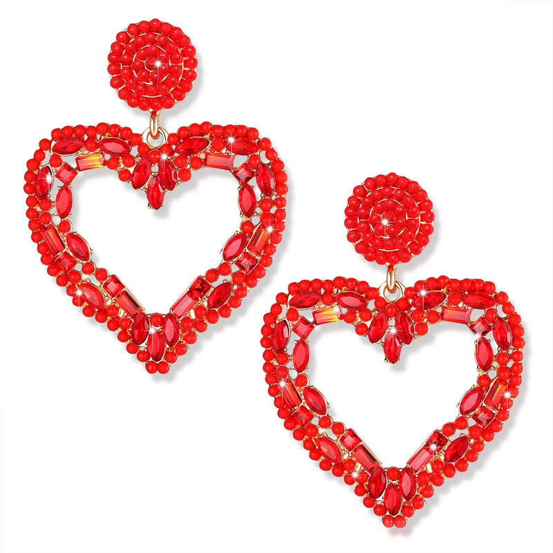 NLCAC Valentine's Day Heart Earrings Beaded Multi Stone Cluster Open Heart Drop Dangle Evening Earrings Red - Image 1