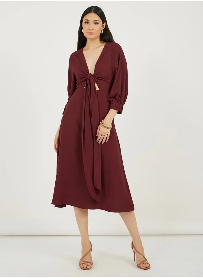 Styli Deep V Neck A-Line Midi Dress with Tie Up Detail