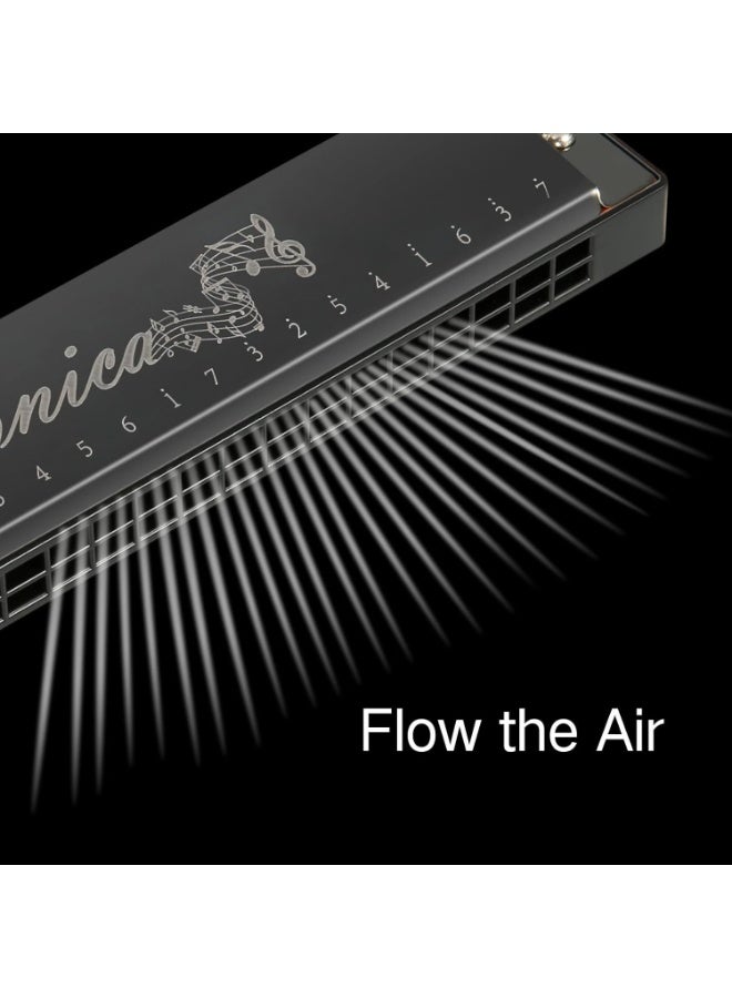 AIWANTO Deluxe 24-Hole Harmonica in C Major – 20-Tune Mouth Organ for Beginners, Kids & Adults, Blues, Professional Play, Includes Case & Cleaning Cloth (Black) - Image 3