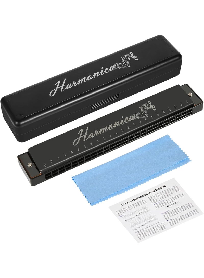 AIWANTO Deluxe 24-Hole Harmonica in C Major – 20-Tune Mouth Organ for Beginners, Kids & Adults, Blues, Professional Play, Includes Case & Cleaning Cloth (Black) - Image 4