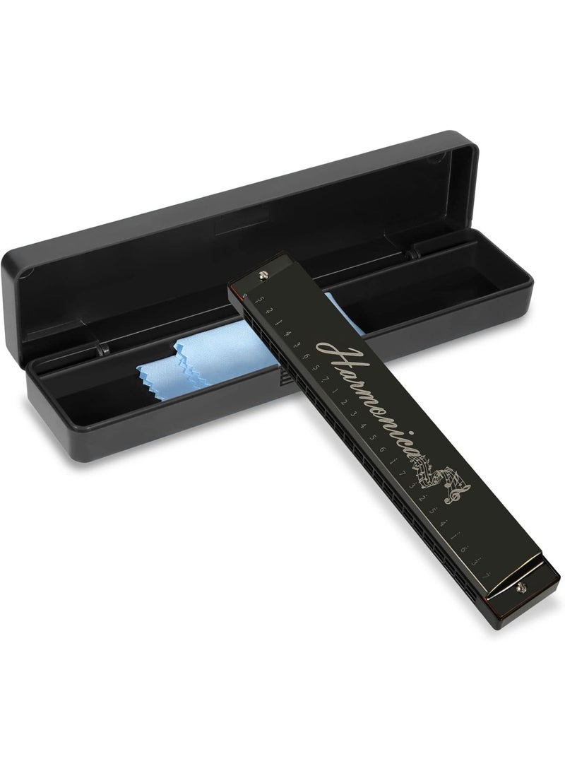 AIWANTO Deluxe 24-Hole Harmonica in C Major – 20-Tune Mouth Organ for Beginners, Kids & Adults, Blues, Professional Play, Includes Case & Cleaning Cloth (Black) - Image 1