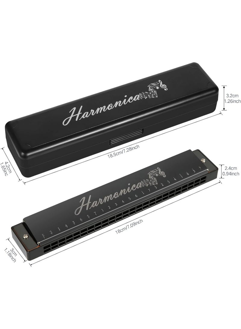 AIWANTO Deluxe 24-Hole Harmonica in C Major – 20-Tune Mouth Organ for Beginners, Kids & Adults, Blues, Professional Play, Includes Case & Cleaning Cloth (Black) - Image 2