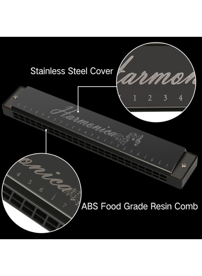 AIWANTO Deluxe 24-Hole Harmonica in C Major – 20-Tune Mouth Organ for Beginners, Kids & Adults, Blues, Professional Play, Includes Case & Cleaning Cloth (Black) - Image 5
