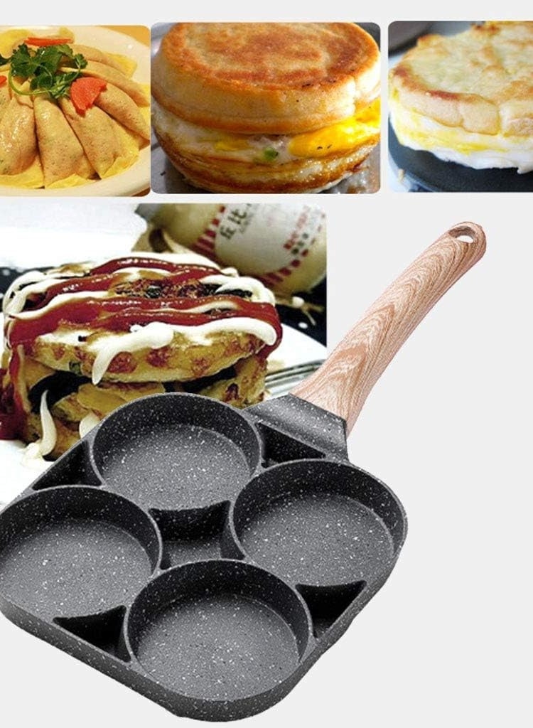4-Hole Omelet Pan – Non-Stick Breakfast Maker for Eggs, Burgers, Ham, and Pancakes – Features a Wooden Handle for Easy Cooking (17cm) - Image 4