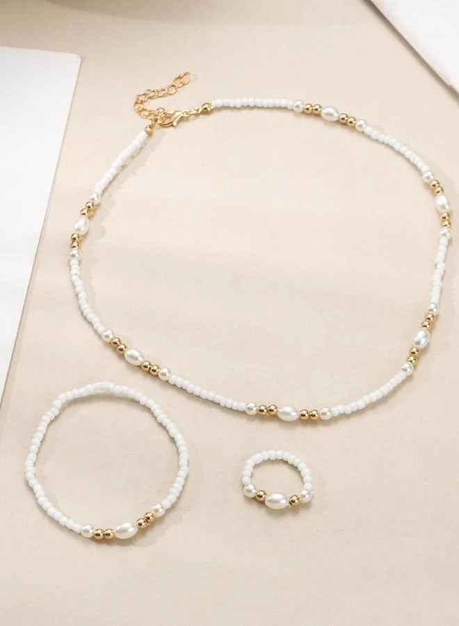تايك تو Girls White Beaded Necklace, Bracelet and Ring Set