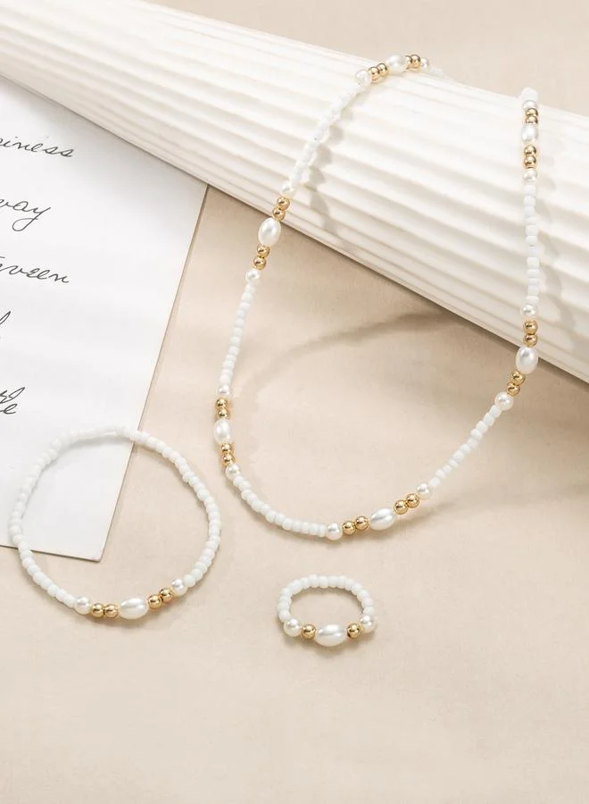 تايك تو Girls White Beaded Necklace, Bracelet and Ring Set