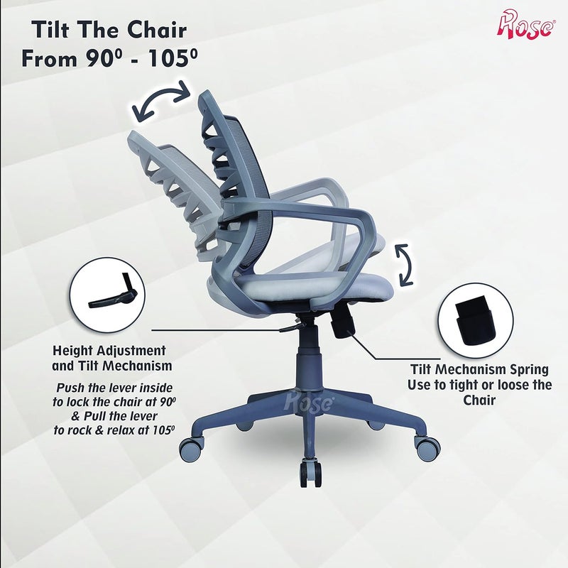 Rose ROSE Zigzag  3Years Warranty Included  Mesh MidBack Ergonomic Office Chair  Study  Work from Home  Revolving Chair Grey  - Image 4