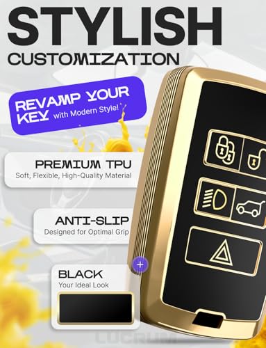 Lucrum Compatible with Range Rover and Jaguar Key Fob Cover & Keychain, TPU Keyfob Case for Land Rover Sport Evoque XE XJ XF Velar Defender Discovery - Black and Gold - Image 3