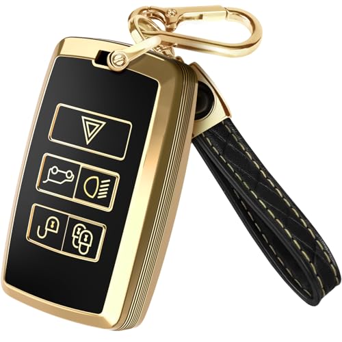 Lucrum Compatible with Range Rover and Jaguar Key Fob Cover & Keychain, TPU Keyfob Case for Land Rover Sport Evoque XE XJ XF Velar Defender Discovery - Black and Gold - Image 1