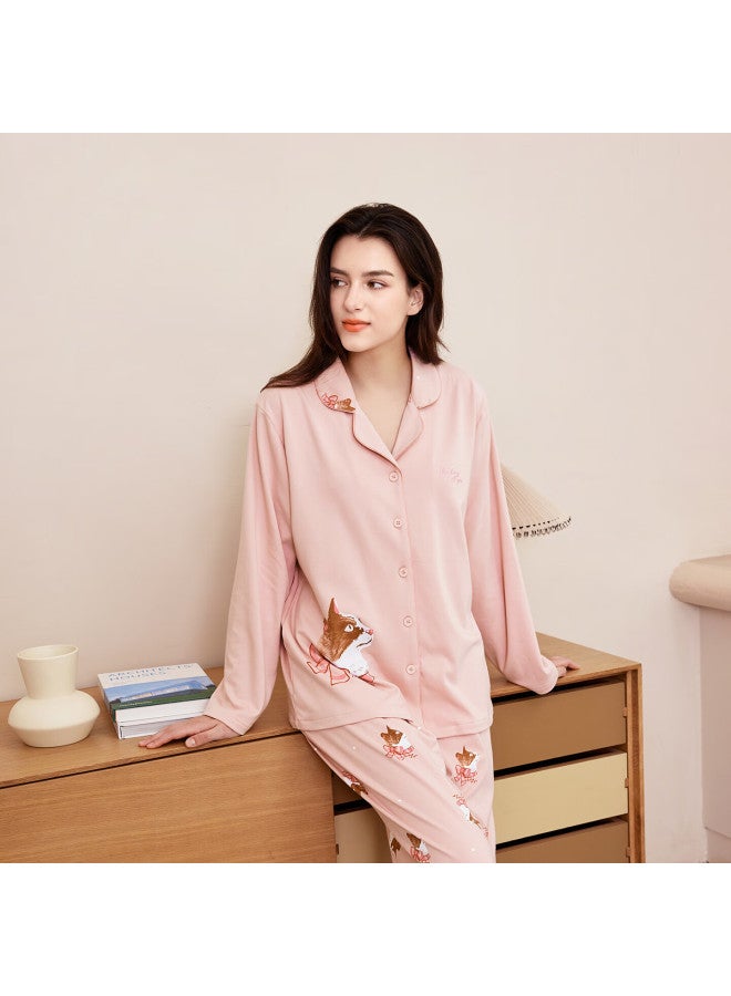 MEIBIAO American Standard Autumn Winter New Women's Knit Cotton Long Sleeve Loose Plus Size Loungewear Pajamas Pink 2XL - Image 1