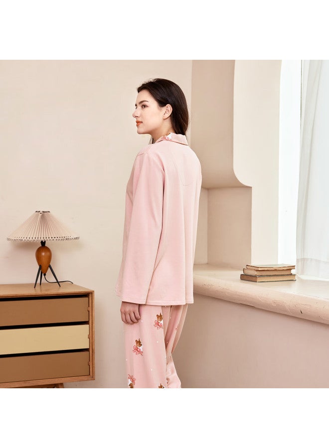 MEIBIAO American Standard Autumn Winter New Women's Knit Cotton Long Sleeve Loose Plus Size Loungewear Pajamas Pink 2XL - Image 4
