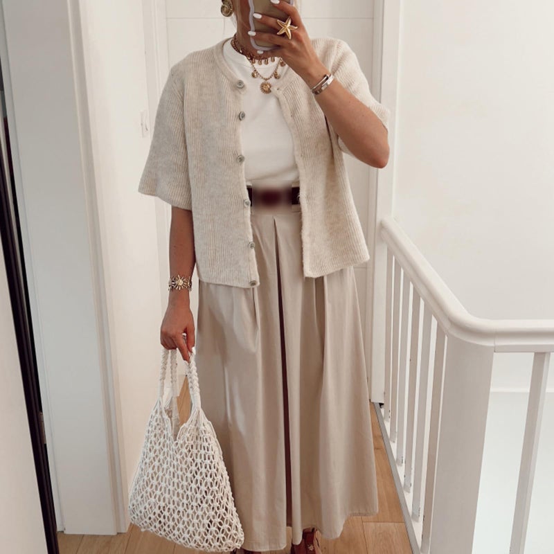 KMBANGI Women Y2K Cardigan Sweater Short Sleeve Button Down Ribbed Knit Crop Top Fall Winter Going Out Sweater (Khaki, M) - Image 2