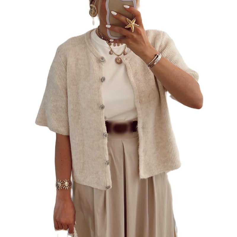 KMBANGI Women Y2K Cardigan Sweater Short Sleeve Button Down Ribbed Knit Crop Top Fall Winter Going Out Sweater (Khaki, M) - Image 1