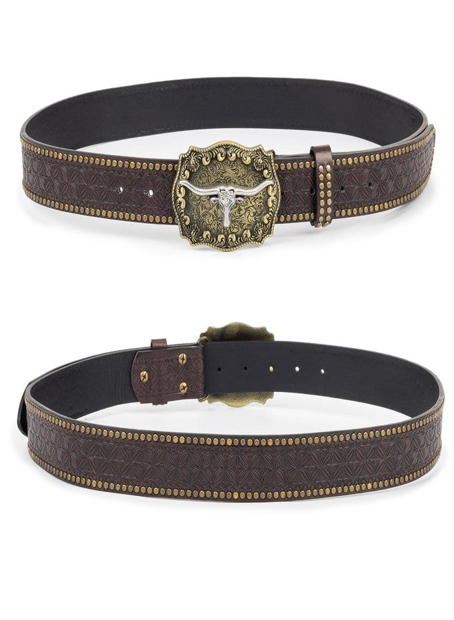 Eohak Western-Belt-for-Women-Cowgirl, PU-Leather-Waist-Belts with Vintage-Carved-Buckle and Tips-Ends for Jeans Pants Dresses, Dark Brown, M - Image 3