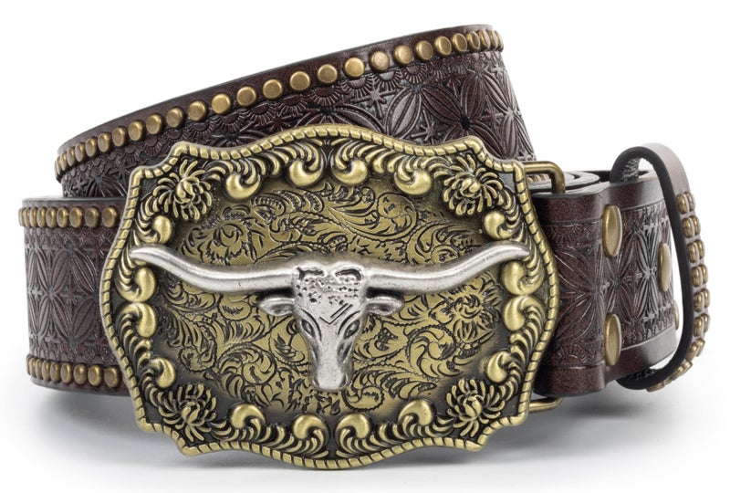 Eohak Western-Belt-for-Women-Cowgirl, PU-Leather-Waist-Belts with Vintage-Carved-Buckle and Tips-Ends for Jeans Pants Dresses, Dark Brown, M - Image 1
