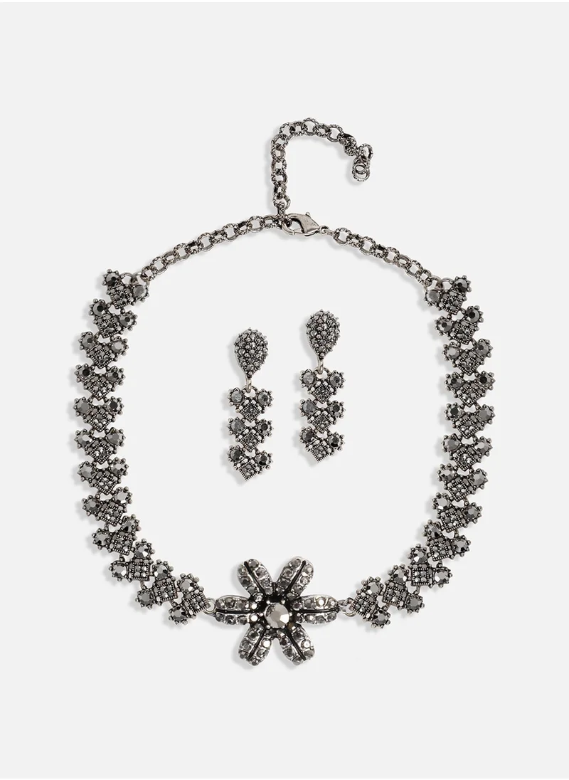 SOHI Crystal Daisy Jewellery Set - Dark Silver-Colour