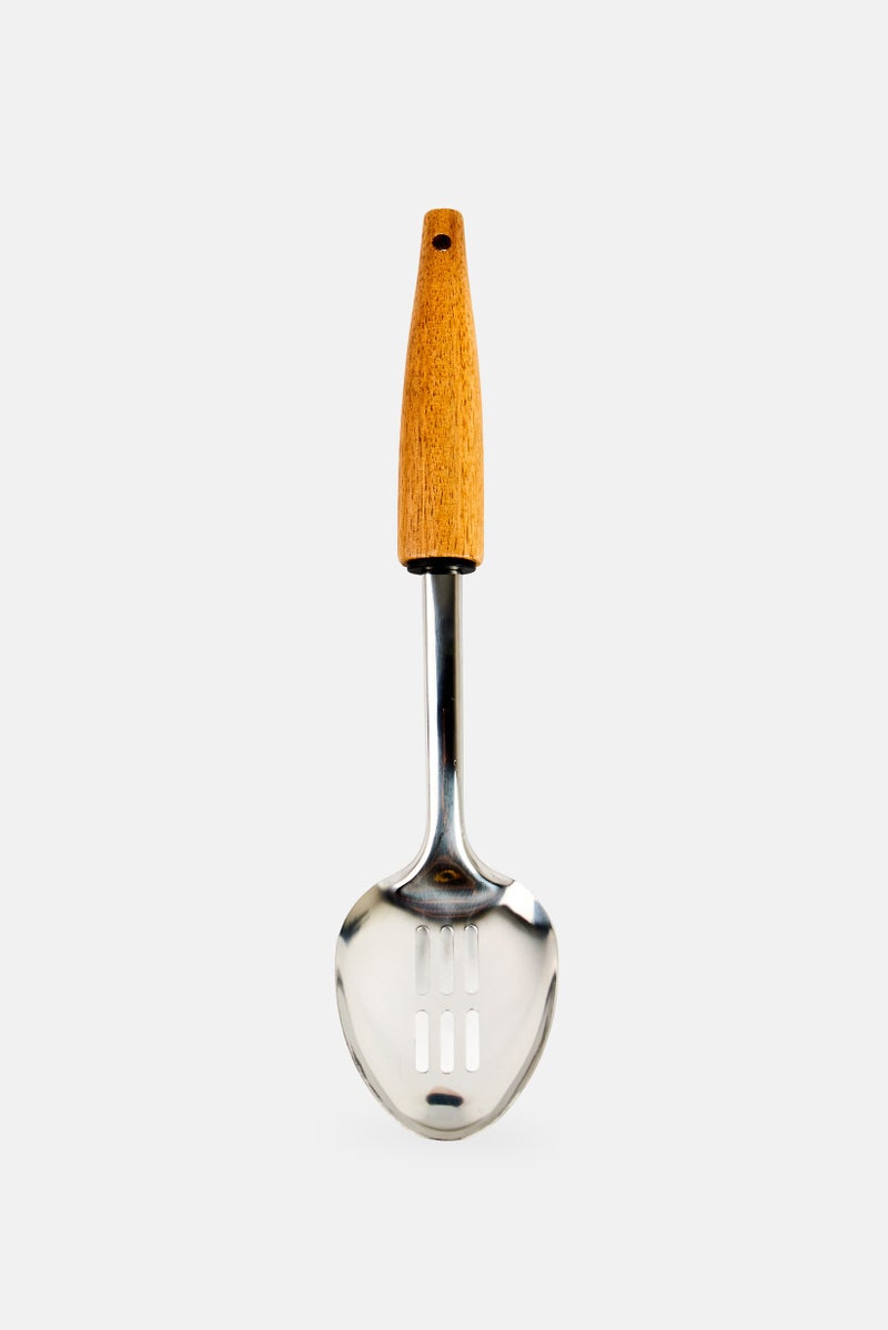 Cuisine Art Stainless Steel Slotted Serving Spoon With Acacia Handle, Silver - Image 1