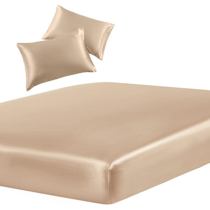 3PIECE SET SATIN TWIN FITTED SHEET 2 PILLOWCASE BEIGE SILKY SOFT FITTED BOTTOM SHEET WRINKLE FREE FADE RESISTANT DEEP POCKET BED SHEET DEEP UP TO 15