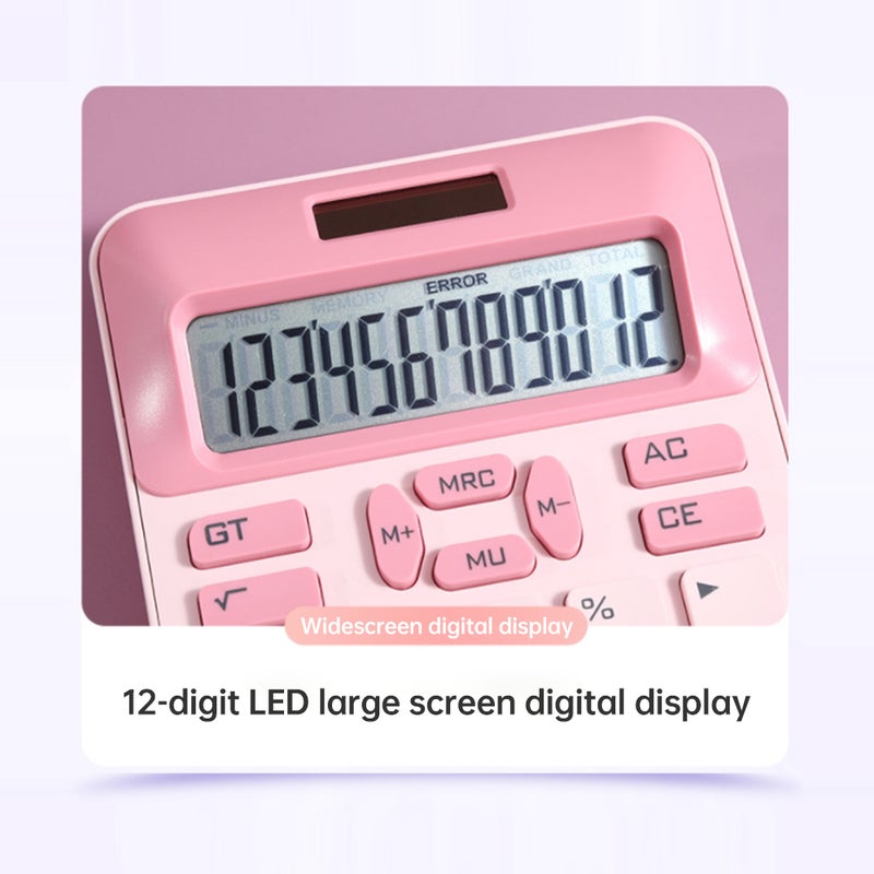 آلة حاسبة ميكانيكية 12 رقماً بقوة شمسية كبيرة وشاشة LCD وعروض كبيرة والأزرار الكبيرة ذات الألوان الحلوية المحبوبة، مناسبة للمكتب والمدرسة والمنزل للأطفال والطلاب والمحاسبين - بلون وردي - Image 2