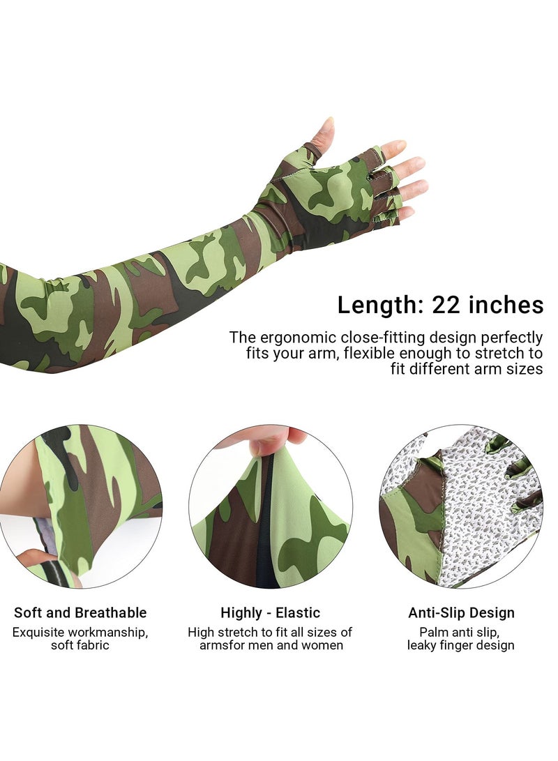 SOLARAE Sun Protection Arm Sleeves, Camouflage Sun UV Protection Sleeves Outdoor Non-Slip Half Finger Riding Gloves Breathable High Elastic Fishing Sleeve (1 Pair, Green) - Image 2