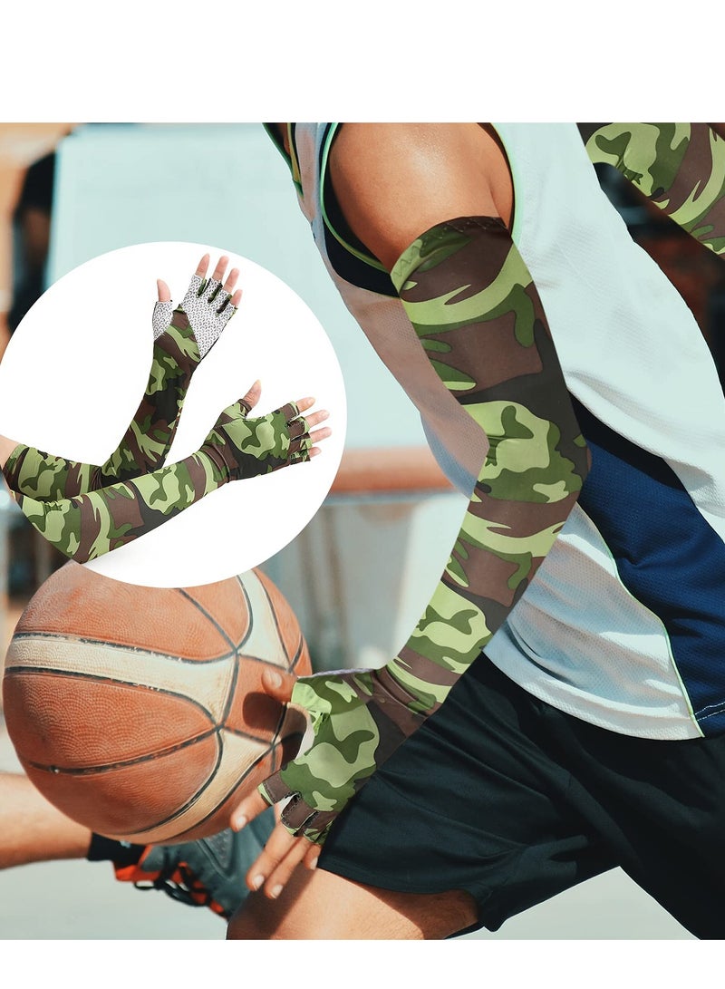 SOLARAE Sun Protection Arm Sleeves, Camouflage Sun UV Protection Sleeves Outdoor Non-Slip Half Finger Riding Gloves Breathable High Elastic Fishing Sleeve (1 Pair, Green) - Image 4