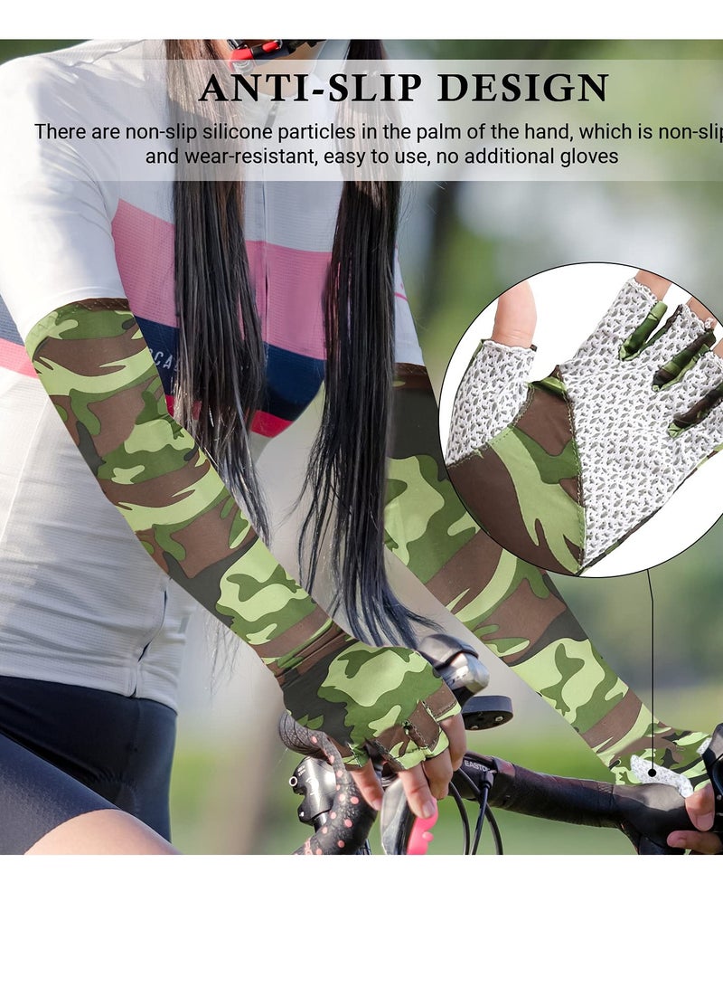 SOLARAE Sun Protection Arm Sleeves, Camouflage Sun UV Protection Sleeves Outdoor Non-Slip Half Finger Riding Gloves Breathable High Elastic Fishing Sleeve (1 Pair, Green) - Image 3