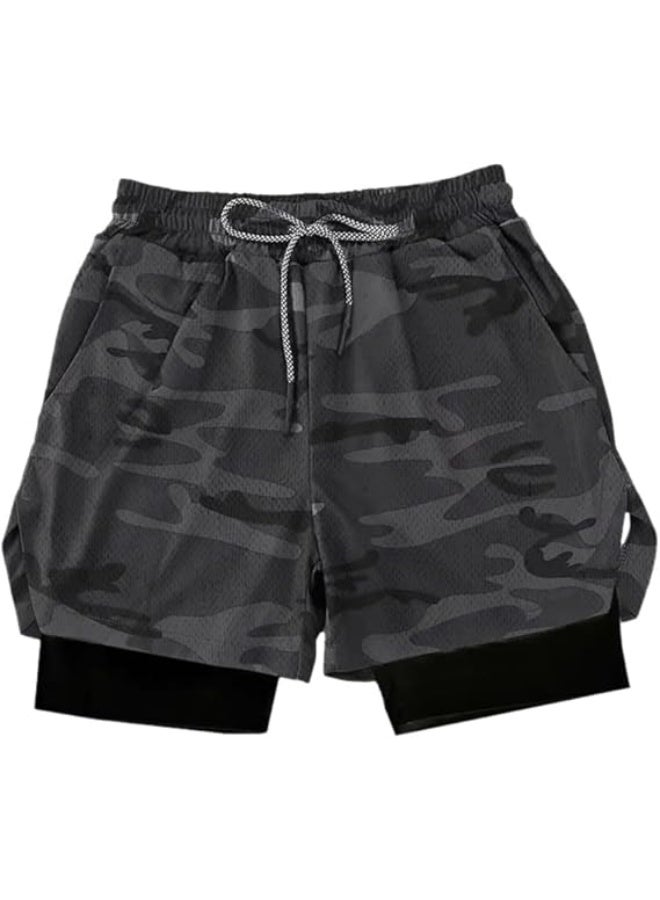 VITION Gym Shorts for Men, Men's Activewear Running Shorts,Drawstring Gym Shorts Men, 2 Layer Loose Athletic Shorts with 4 Pockets (Large, Camouflage Gray) - Image 1