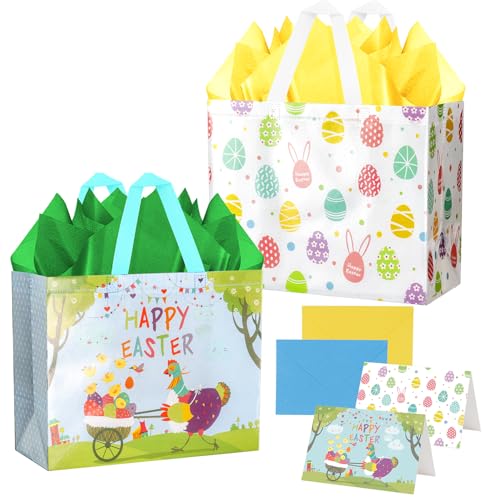 JWSCYSY 2Pcs 12.6" Large Easter Gift Bags with Card and Tissue Paper, Reusable Non-Woven Easter Bag with Handles for Kids Easter Party Supplies, Easter Egg Hunts, Easter Treat Bags. - Image 1
