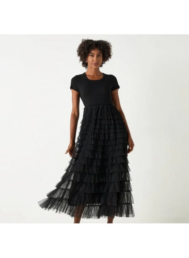 2Xtremz 2Xtremz Solid Midi Dress with Round Neck and Ruffle Detail