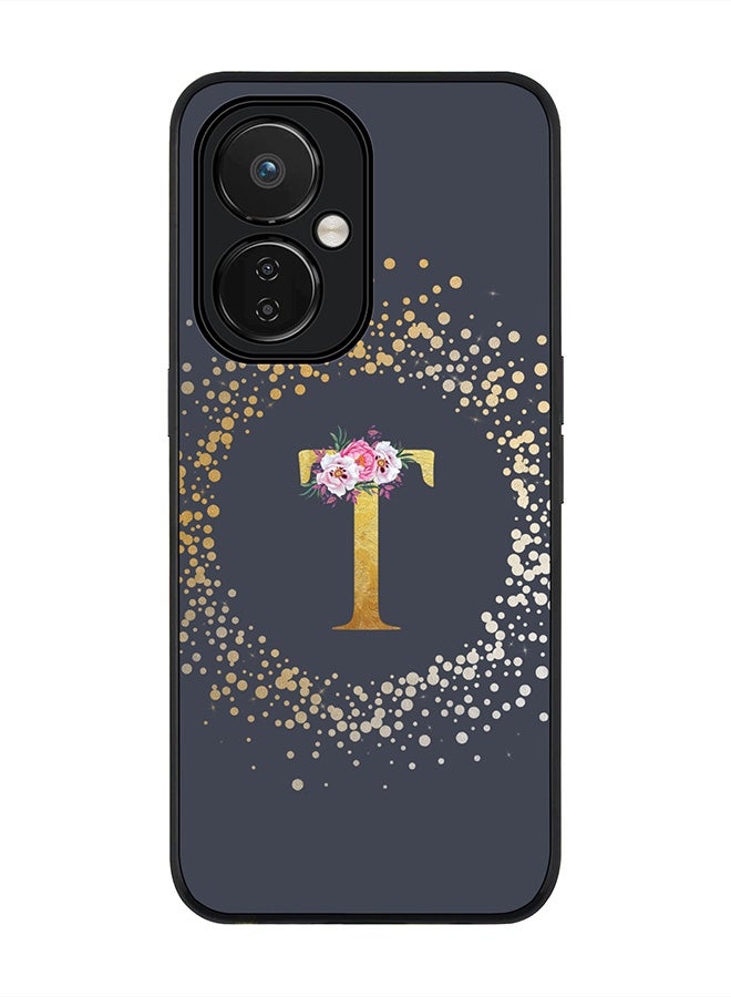 Stylizedd Rugged Black edge case for Nord CE 3 Lite Slim fit Soft Case Flexible Rubber Edges Anti Drop TPU Gel Thin Cover - Custom Monogram Initial Letter Floral Pattern Alphabet - T - Grey - Image 1