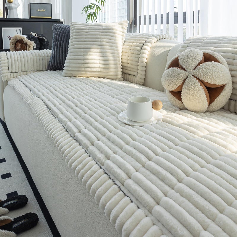 MDSASFD Sofa Couch Cover, Sofa Covers for Dogs Washable, Non-Slip Striped Sofa Slipcovers for Sectional Sofa, Sofa Cover Furniture Protector for L Shaped(Beige White, 27.6"x 59") - Image 1