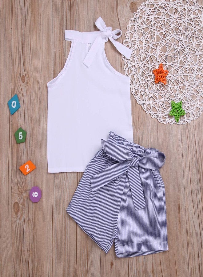 BOIZONTY Toddler Baby Girl Sleeveless White Tank Top Shirts+Gray Stripe Shorts Pant with Bow Belt+Headband Summer Clothes Set 1-6T (White, 3-4 Years) - Image 2