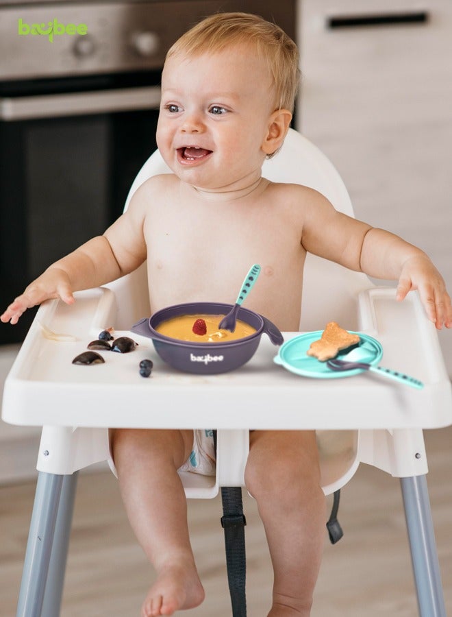 BAYBEE Silicone Baby Feeding Bowl With Closing Lid Suction Cup Spoon Fork Set For Baby Feeding Baby Tableware Set Soft First Stage Feeding Baby Bowls Kids Bowl Spoon Set For Baby Toddlers Blue - Image 2