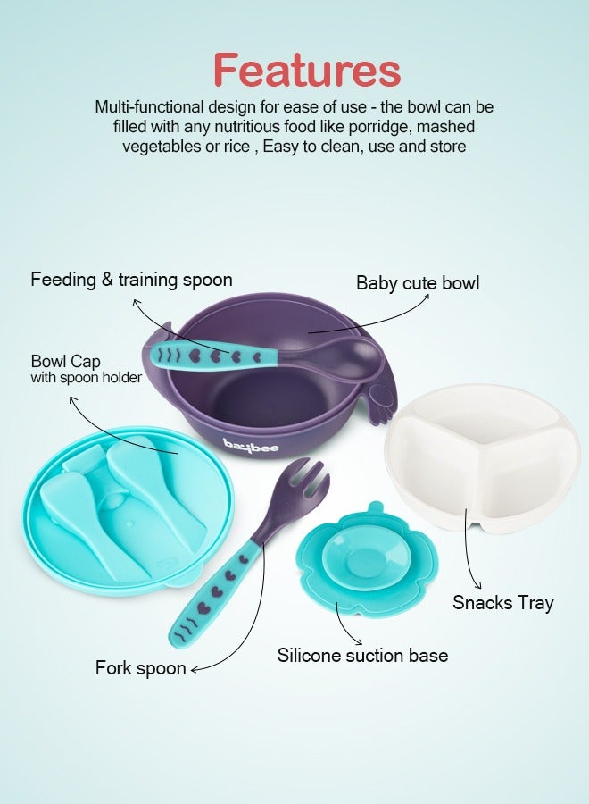 BAYBEE Silicone Baby Feeding Bowl With Closing Lid Suction Cup Spoon Fork Set For Baby Feeding Baby Tableware Set Soft First Stage Feeding Baby Bowls Kids Bowl Spoon Set For Baby Toddlers Blue - Image 5