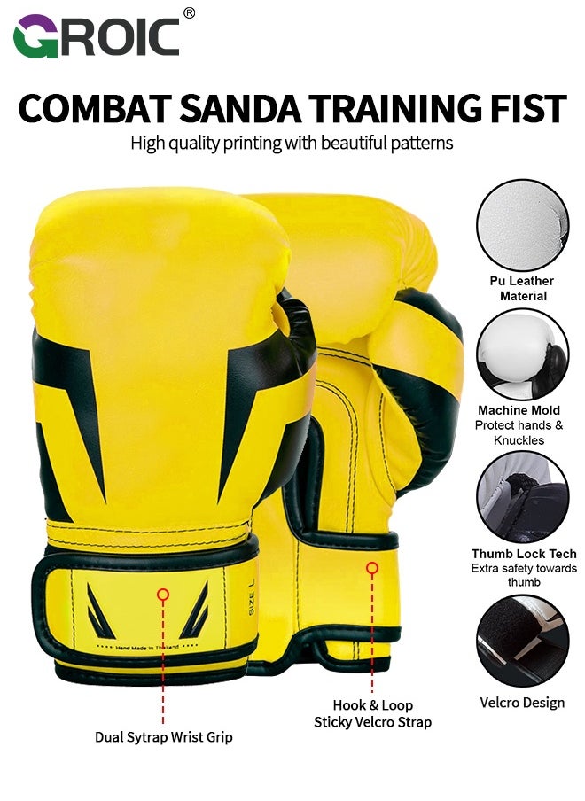 GROIC 12OZ Boxing Gloves PU Leather, Muay Thai Kickboxing MMA Sparring Training, Advanced TAKKA Closure, Padding, Punch Bags Speed Ball Focus Pads Workout(Yellow)  - Image 2
