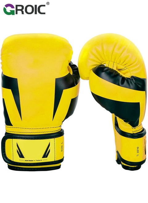 12OZ Boxing Gloves PU Leather, Muay Thai Kickboxing MMA Sparring Training, Advanced TAKKA Closure, Padding, Punch Bags Speed Ball Focus Pads Workout(Yellow)