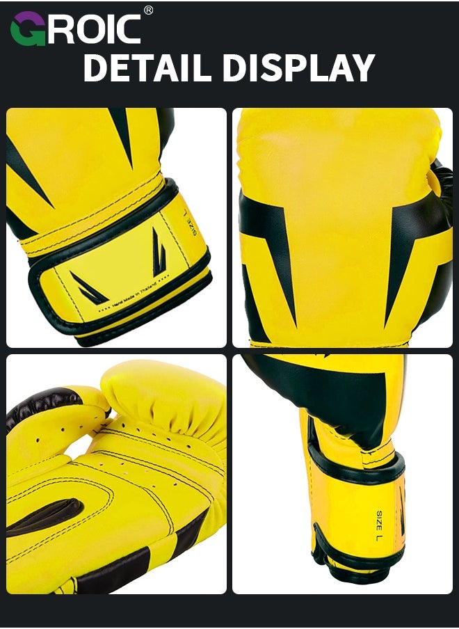 GROIC 12OZ Boxing Gloves PU Leather, Muay Thai Kickboxing MMA Sparring Training, Advanced TAKKA Closure, Padding, Punch Bags Speed Ball Focus Pads Workout(Yellow)  - Image 4
