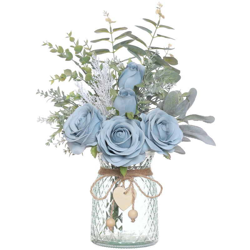 Faux Flowers with VaseArtificial Silk Roses in Vase Fake Plant Eucalyptus Flower Arrangement for Home Office Farmhouse Bathroom Dining Table Centerpiece Decorations Coffee Table Decor Dusty Blue