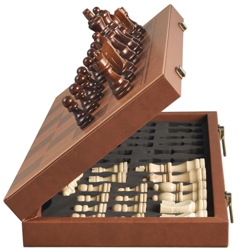 OUMODA Magnetic Chess Set for Adult Kid 154 Leather Chess Board with Handmade Chess Piece Including 2 Extra Queens and Storage Slot Folding Portable Travel Chess Game for Beginner and Professional - Image 1