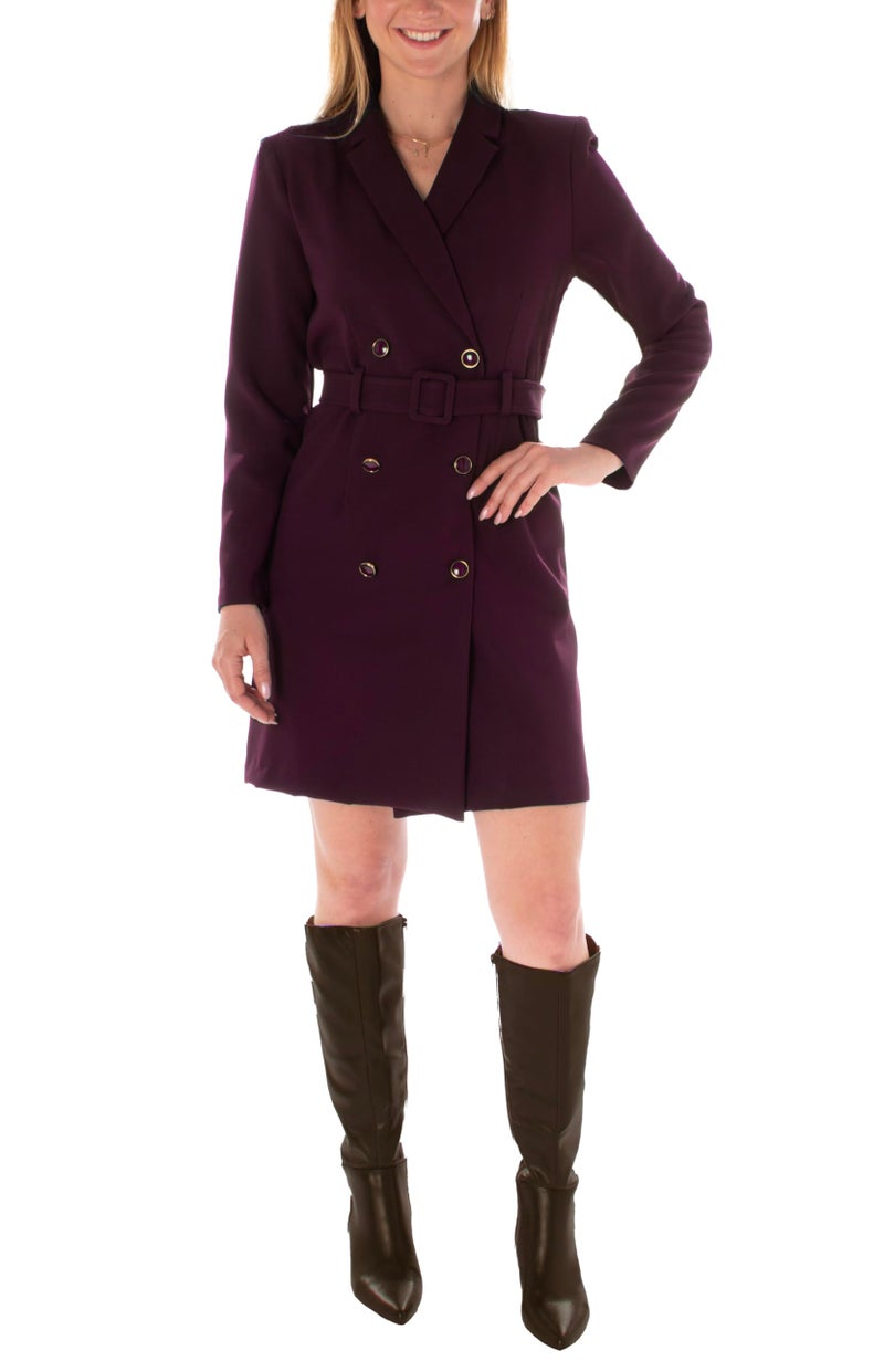 Taylor Women's Long Sleeve Collared Button Blazer Dress with Belt, Eggplant