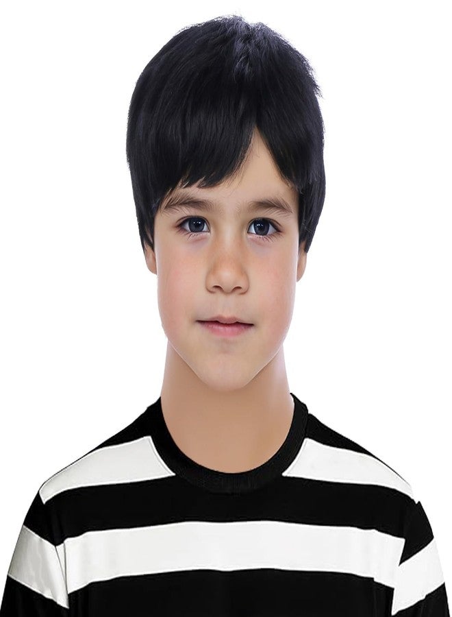 PATTNIUM Kids Black Wig Boys Short Black Straight Wigs Children Side Part Wig Synthetic Cosplay Costume Halloween Daily Wigs - Image 1