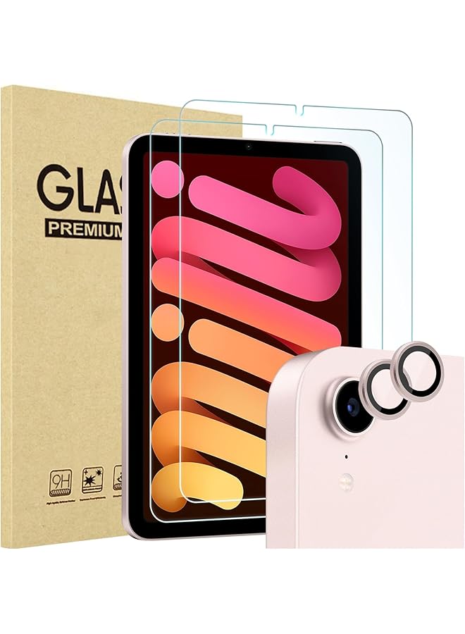 Procases 2 Pack Screen Protector For Ipad Mini 7Th A17 Pro 2024 Mini 6Th Generation 8.3 Inch 2021 + 2 Pack Camera Lens Protector Matching Ipad Colors Tempered Glass Film For Mini 7 6 8.3 Inch Pink - Image 1