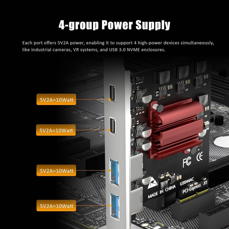 GLOTREND U3044AC بطاقة توسعة PCIe USB ذات 4 منافذ، منفذين Type-C ومنفذين Type-A (USB 3.2 Gen 1)، متوافقة مع ويندوز ولينكس (لا تدعم نظام Mac OS) - Image 5