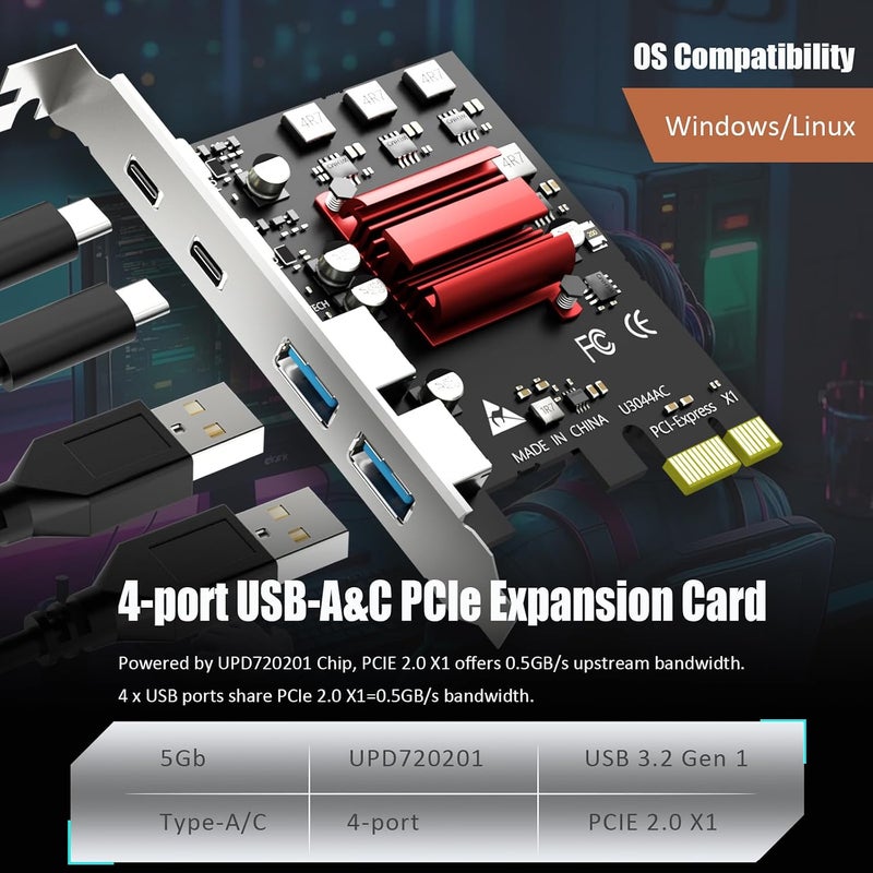GLOTREND U3044AC بطاقة توسعة PCIe USB ذات 4 منافذ، منفذين Type-C ومنفذين Type-A (USB 3.2 Gen 1)، متوافقة مع ويندوز ولينكس (لا تدعم نظام Mac OS) - Image 3