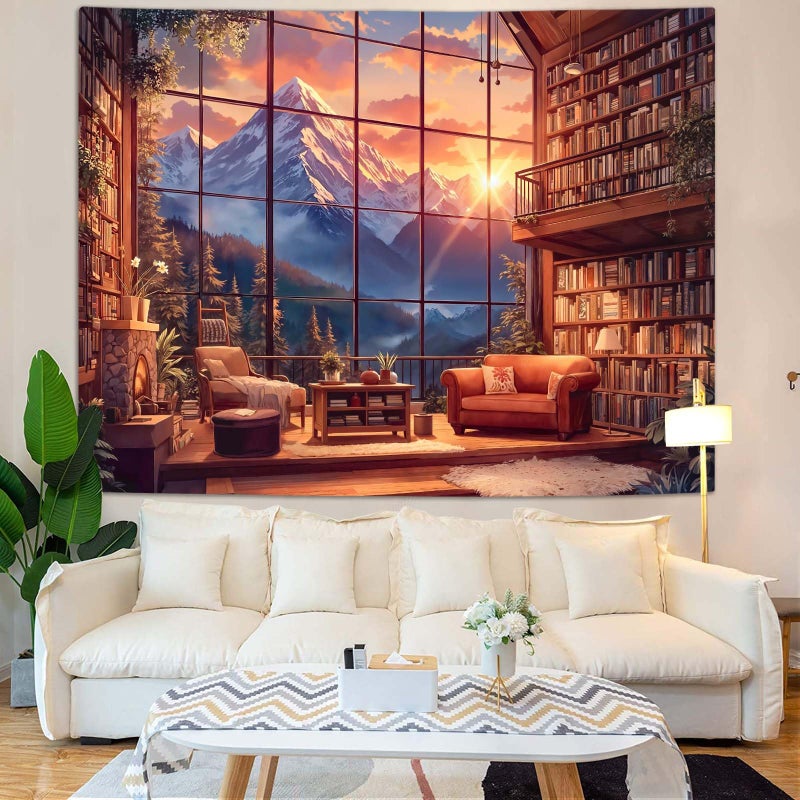 Accnicc Forest Mountain Library Tapestry Fantasy Bookshelf Tapestries Wall Hanging Watercolor Nature Fairy Sunset Library Backdrop Large Tapestry for Bedroom Living Room Dorm Classroom 80 x 60 inch - Image 3